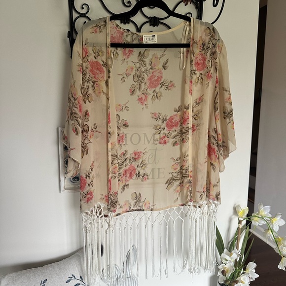 La Hearts Tops - La Hearts Floral Boho Kimono with fringe one size